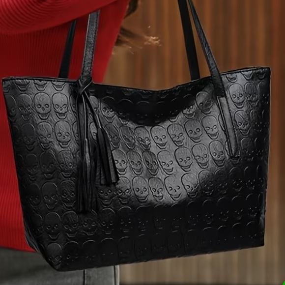 Women’s Black Skull Embossed Faux Leather Tote Bag with Tassel NWT - Picture 2 of 4